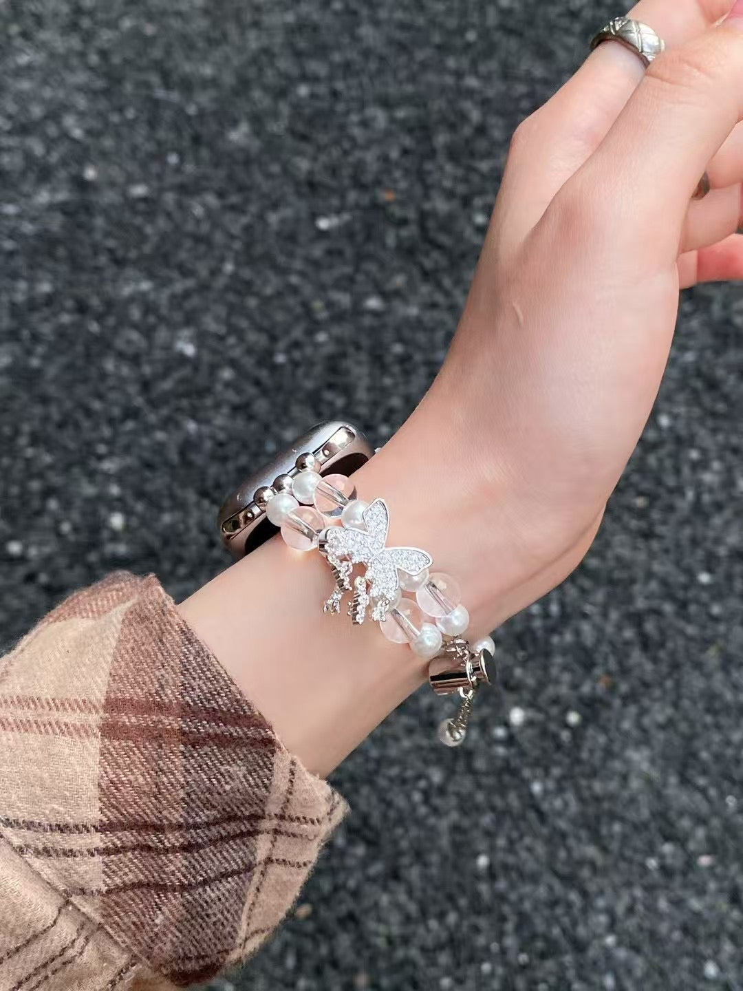 Rynx | Elegant Pearl Butterfly iWatch Band – Rose Quartz Pearl iWatch Strap with Adjustable Chain & Crystal Pendant