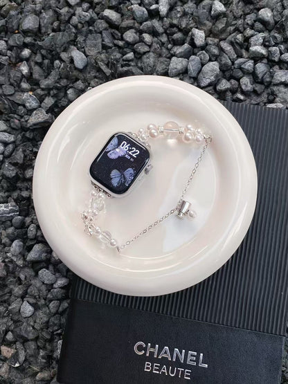Rynx | Elegant Pearl Butterfly iWatch Band – Rose Quartz Pearl iWatch Strap with Adjustable Chain & Crystal Pendant