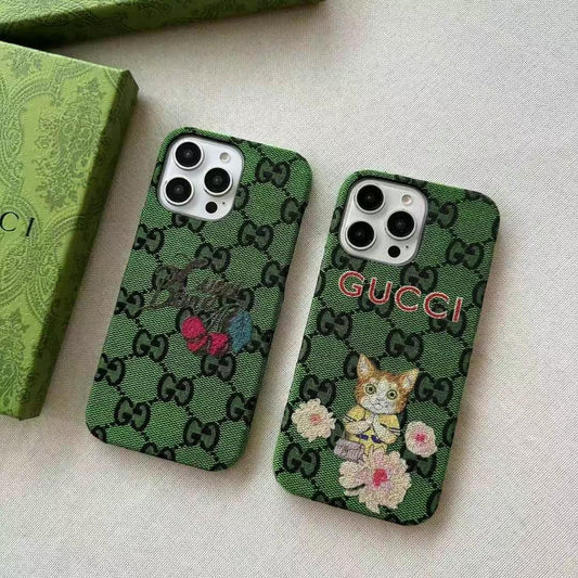 Rynx | Luxury Brand Leather Pattern iPhone Case – Cat & Bow Embroidery Style for iPhone
