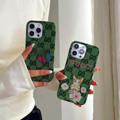 Rynx | Luxury Brand Leather Pattern iPhone Case – Cat & Bow Embroidery Style for iPhone