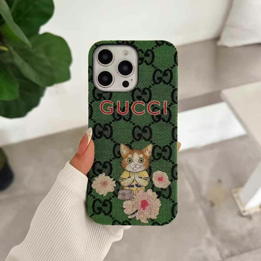 Rynx | Luxury Brand Leather Pattern iPhone Case – Cat & Bow Embroidery Style for iPhone
