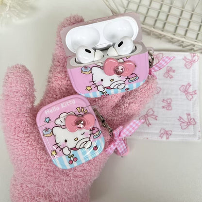 Rynx | Kitty AirPods case – Pink cartoon cover with bow & peach charm keychain