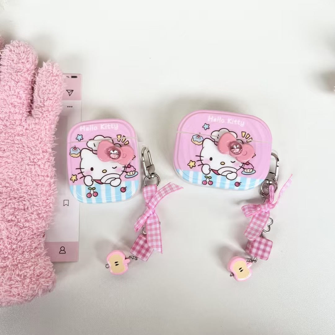 Rynx | Kitty AirPods case – Pink cartoon cover with bow & peach charm keychain