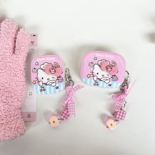 Rynx | Kitty AirPods case – Pink cartoon cover with bow & peach charm keychain