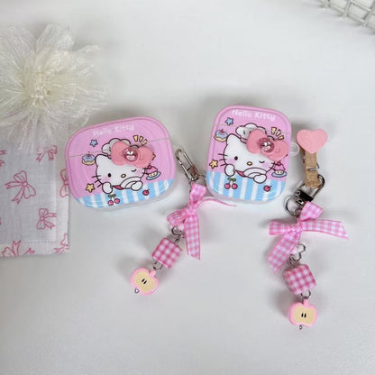 Rynx | Kitty AirPods case – Pink cartoon cover with bow & peach charm keychain