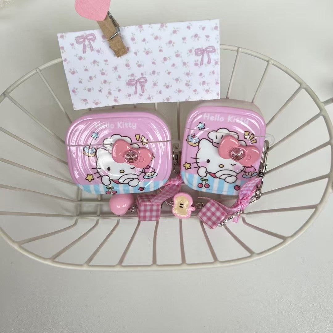 Rynx | Kitty AirPods case – Pink cartoon cover with bow & peach charm keychain