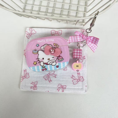 Rynx | Kitty AirPods case – Pink cartoon cover with bow & peach charm keychain