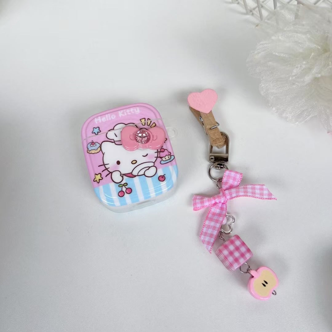 Rynx | Kitty AirPods case – Pink cartoon cover with bow & peach charm keychain