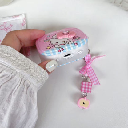 Rynx | Kitty AirPods case – Pink cartoon cover with bow & peach charm keychain