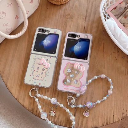 Rynx | Cute Cartoon Flip Samsung Z Flip Case – Soft Pastel Kitty Design with 3D Bow & Bead Carry Charm