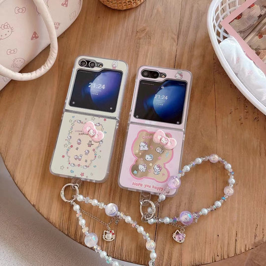 Rynx | Cute Cartoon Flip Samsung Z Flip Case – Soft Pastel Kitty Design with 3D Bow & Bead Carry Charm