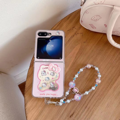 Rynx | Cute Cartoon Flip Samsung Z Flip Case – Soft Pastel Kitty Design with 3D Bow & Bead Carry Charm