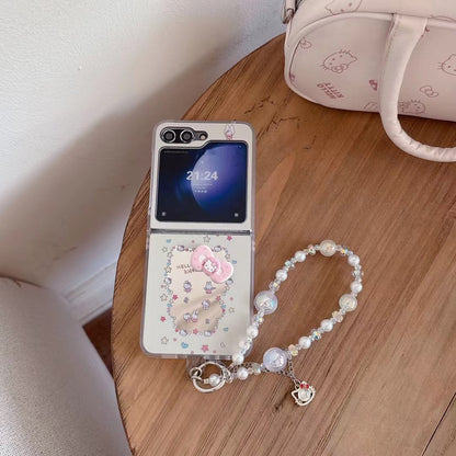 Rynx | Cute Cartoon Flip Samsung Z Flip Case – Soft Pastel Kitty Design with 3D Bow & Bead Carry Charm