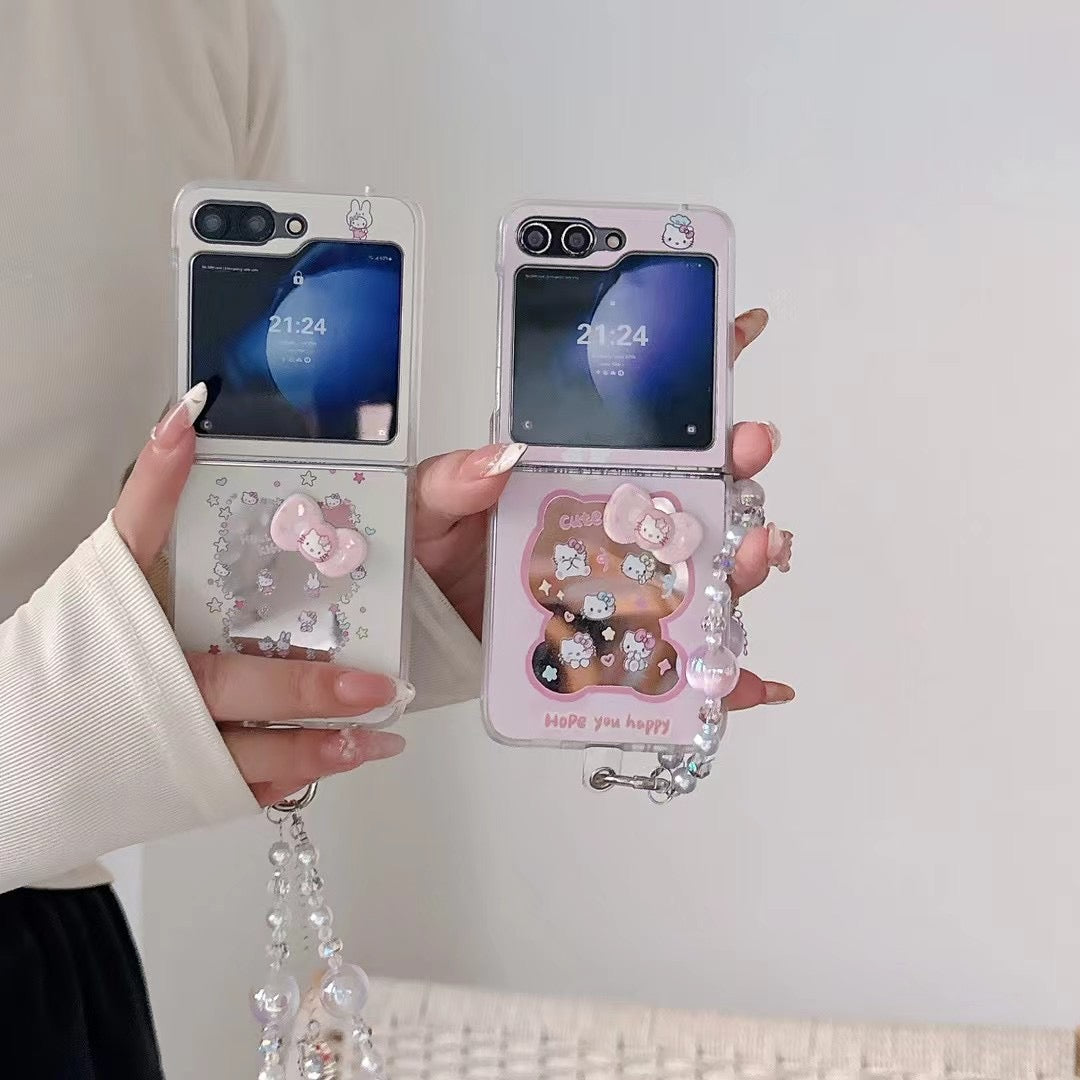 Rynx | Cute Cartoon Flip Samsung Z Flip Case – Soft Pastel Kitty Design with 3D Bow & Bead Carry Charm