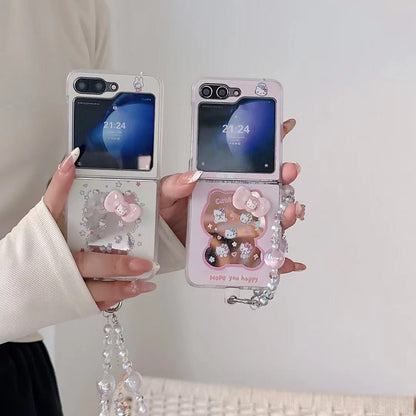 Rynx | Cute Cartoon Flip Samsung Z Flip Case – Soft Pastel Kitty Design with 3D Bow & Bead Carry Charm