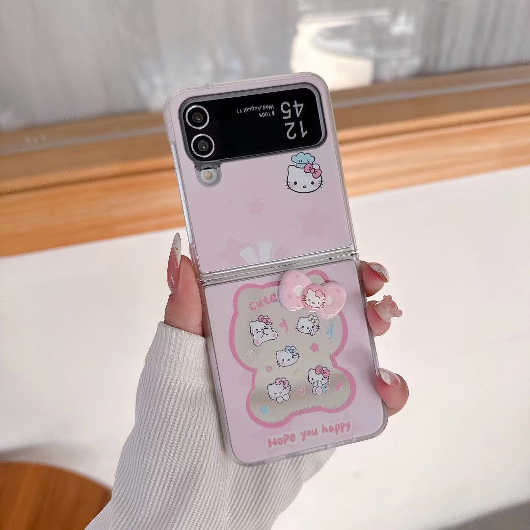 Rynx | Cute Cartoon Flip Samsung Z Flip Case – Soft Pastel Kitty Design with 3D Bow & Bead Carry Charm