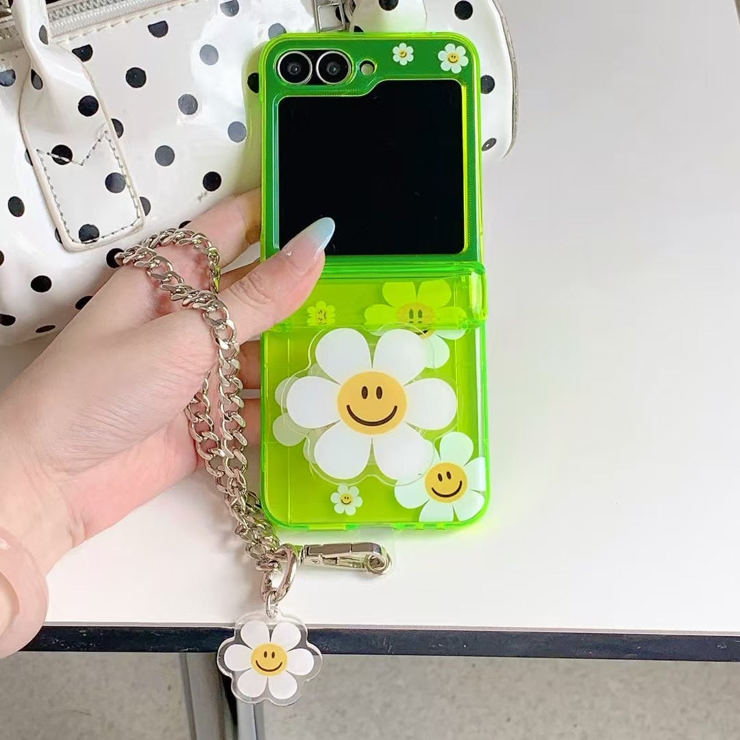 Rynx | Green Smiley Daisy Samsung Z Flip Case – Clear Floral Cover with Charm Chain