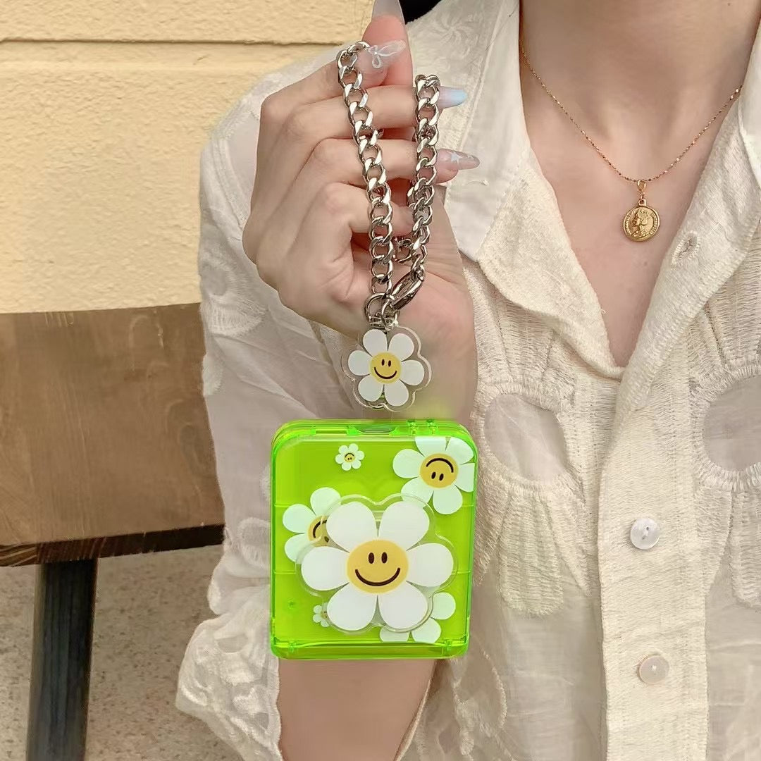 Rynx | Green Smiley Daisy Samsung Z Flip Case – Clear Floral Cover with Charm Chain