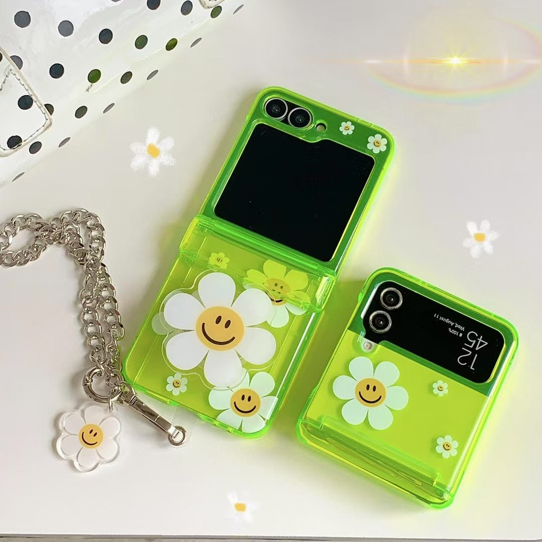 Rynx | Green Smiley Daisy Samsung Z Flip Case – Clear Floral Cover with Charm Chain