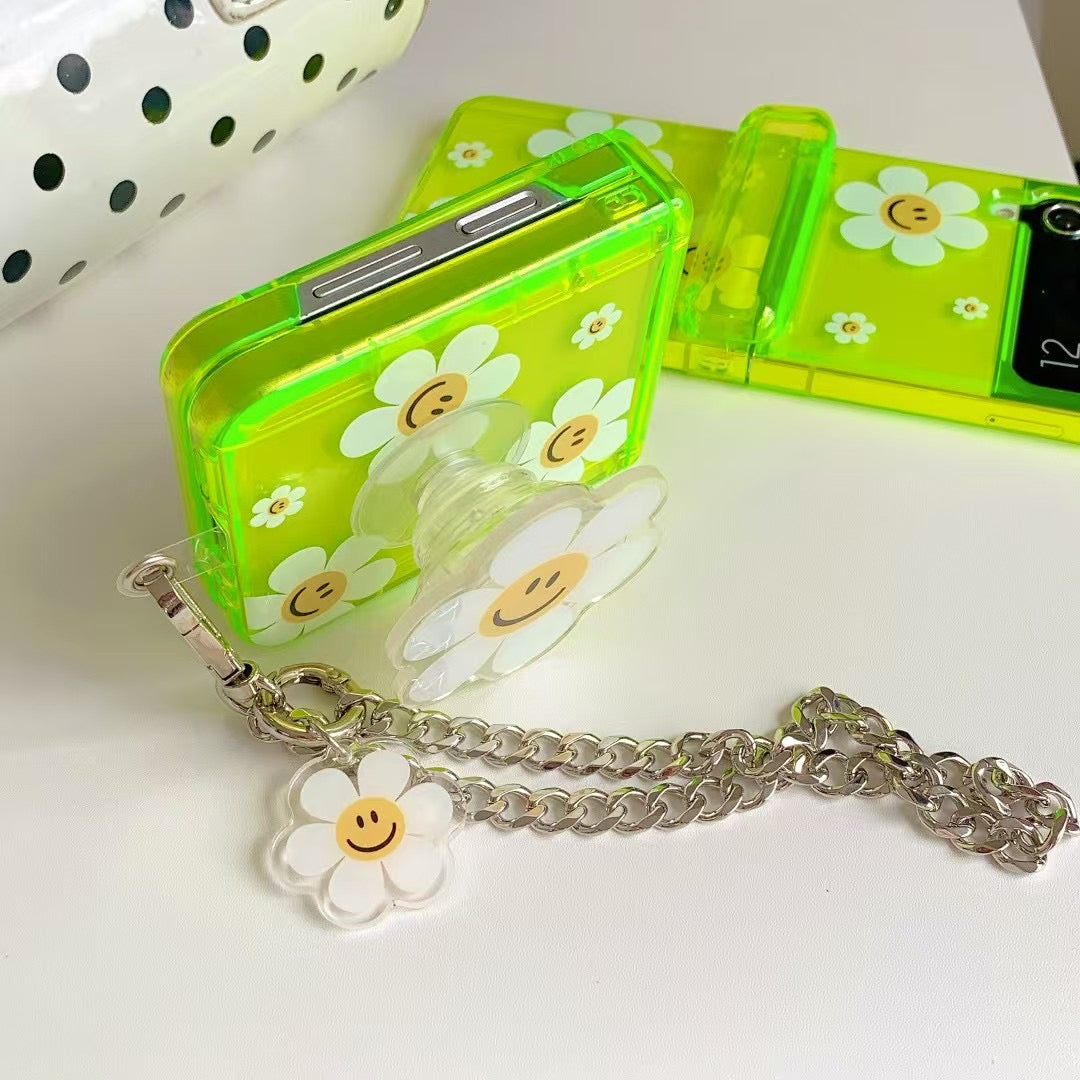 Rynx | Green Smiley Daisy Samsung Z Flip Case – Clear Floral Cover with Charm Chain