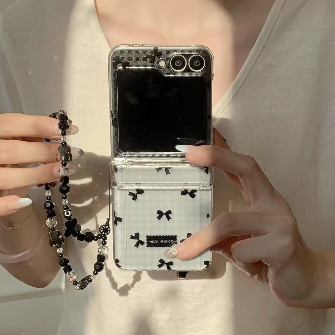 Rynx | Black Bow Gingham For Samsung Galaxy Z Flip Case And Cute Bow Pattern With Butterfly Pendant