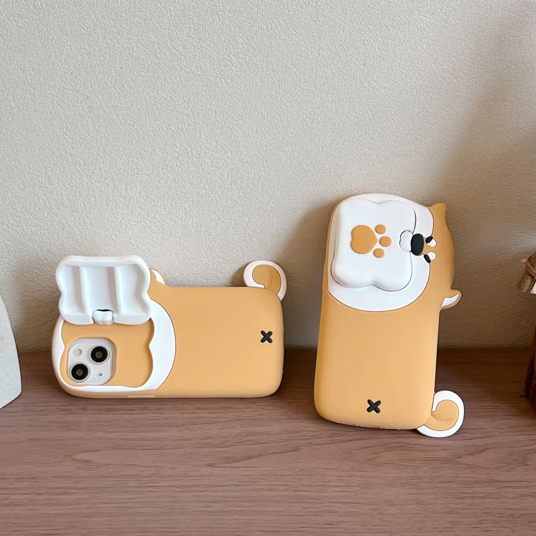 Rynx | Cute Dog Bite Silicone iPhone Case with 3D Bone Stand – Brown Puppy Design