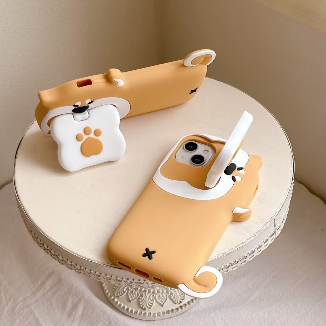 Rynx | Cute Dog Bite Silicone iPhone Case with 3D Bone Stand – Brown Puppy Design