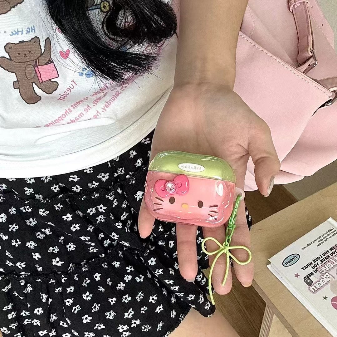 Rynx | Cute Kitty AirPods case and shiny pink & green with bow pendant