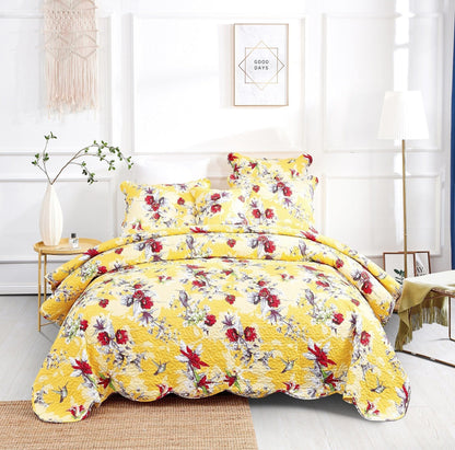 Rynx | Radiant Sunshine Yellow Hummingbirds Floral Wave Edge Bedspread Set