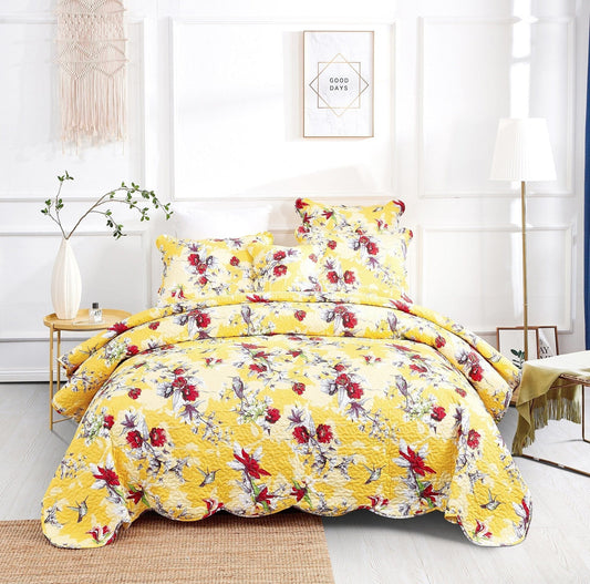 Rynx | Radiant Sunshine Yellow Hummingbirds Floral Wave Edge Bedspread Set