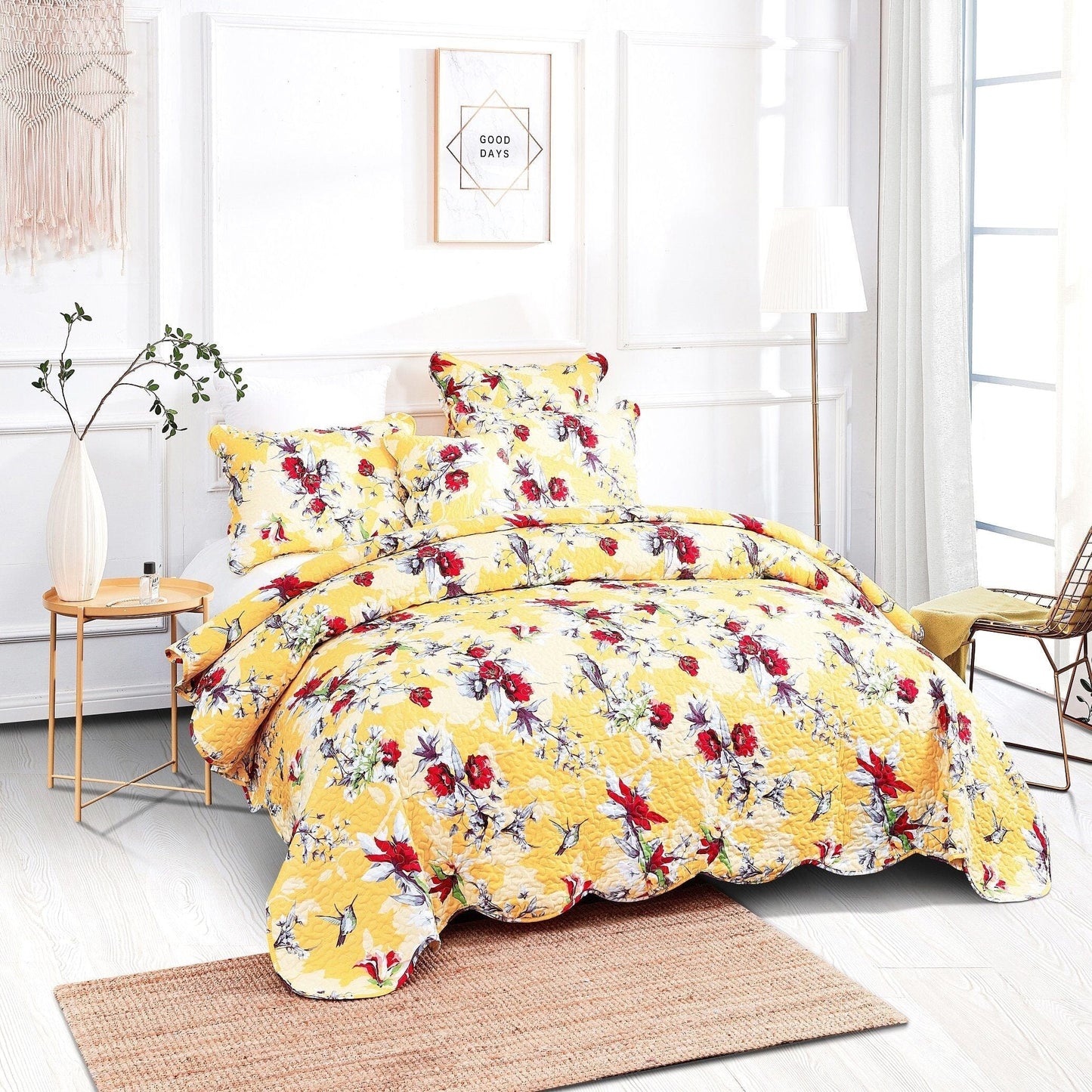 Rynx | Radiant Sunshine Yellow Hummingbirds Floral Wave Edge Bedspread Set