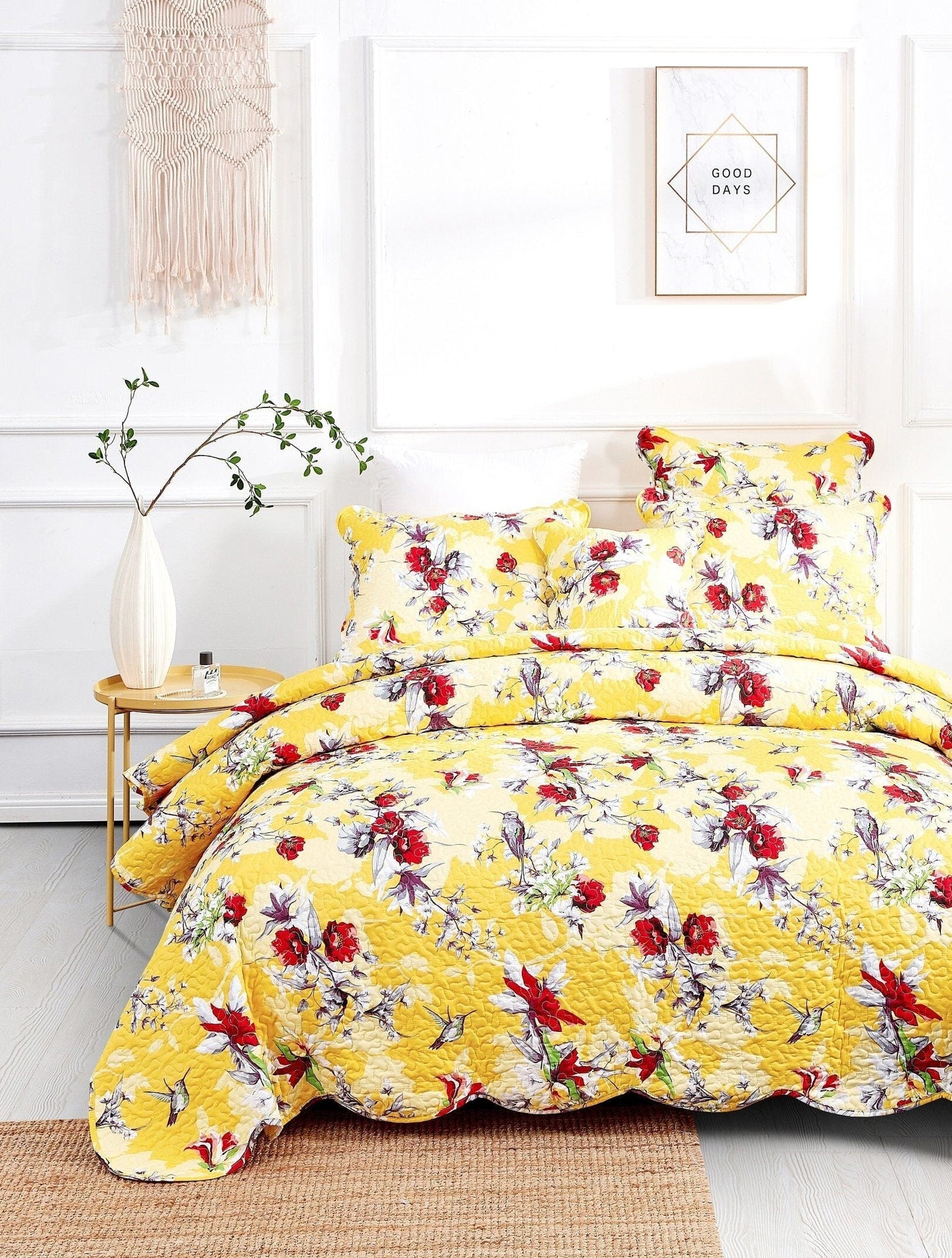 Rynx | Radiant Sunshine Yellow Hummingbirds Floral Wave Edge Bedspread Set