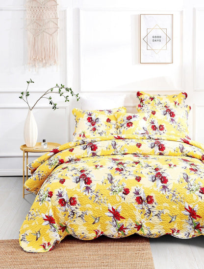 Rynx | Radiant Sunshine Yellow Hummingbirds Floral Wave Edge Bedspread Set