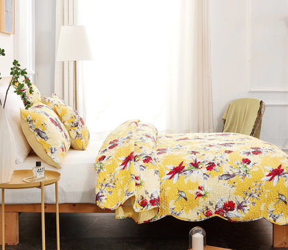 Rynx | Radiant Sunshine Yellow Hummingbirds Floral Wave Edge Bedspread Set