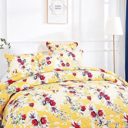 Rynx | Radiant Sunshine Yellow Hummingbirds Floral Wave Edge Bedspread Set