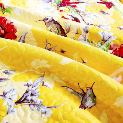 Rynx | Radiant Sunshine Yellow Hummingbirds Floral Wave Edge Bedspread Set