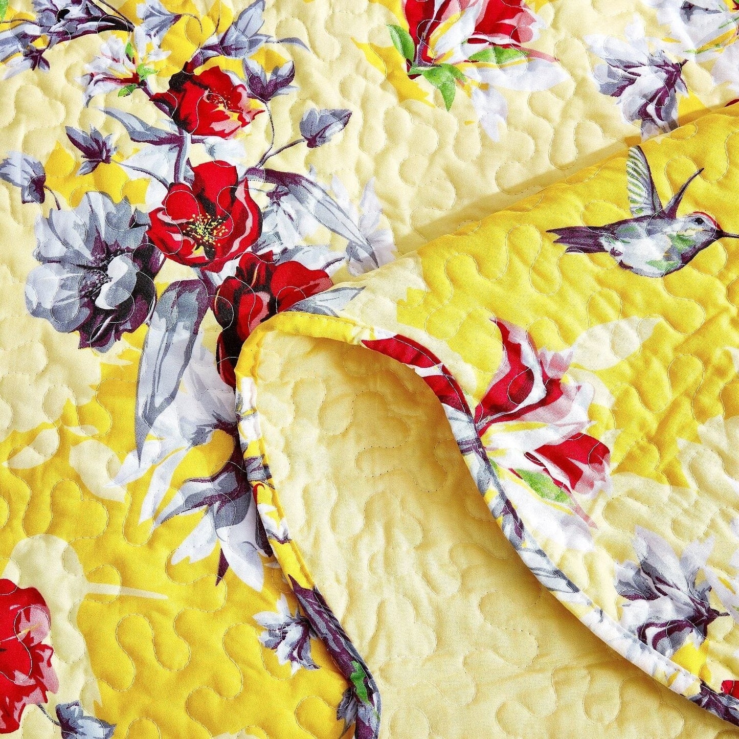 Rynx | Radiant Sunshine Yellow Hummingbirds Floral Wave Edge Bedspread Set