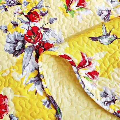 Rynx | Radiant Sunshine Yellow Hummingbirds Floral Wave Edge Bedspread Set