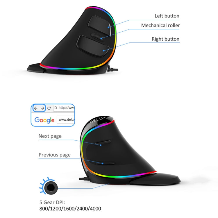 Rynx | DELUX M618 Plus RGB Wired Optical Mouse Ergonomic Vertical Mouse 4000DPI