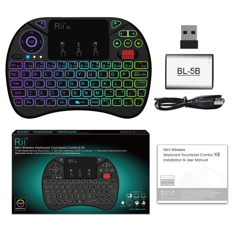 Rynx | Rii X8 RT716 2.4GHz Mini Wireless QWERTY 71 Key Keyboard, 2.5 Inch Touchpad Combo with Backlight (Black)