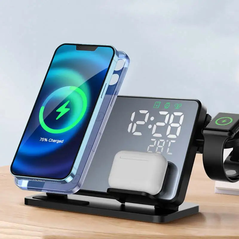 RYNX | Fast Charging Station Premium Wireless Fast Charging Station With Alarm For Apple Iphone, Watch & Airpods Black Charger