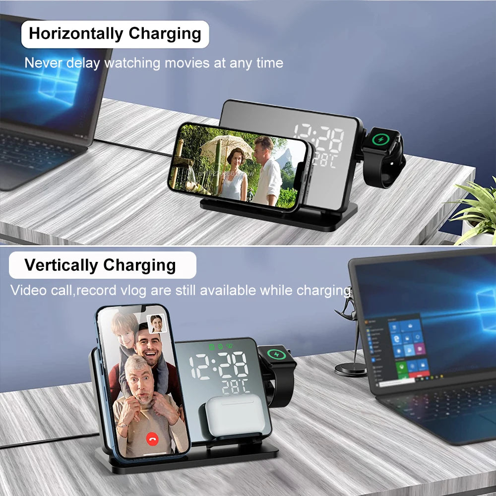 RYNX | 3-In-1 Quick Charging Station | Premium Wireless Fast Charging Docking Station With Alarm Clock | For Apple Iphone, Watch & Airpods