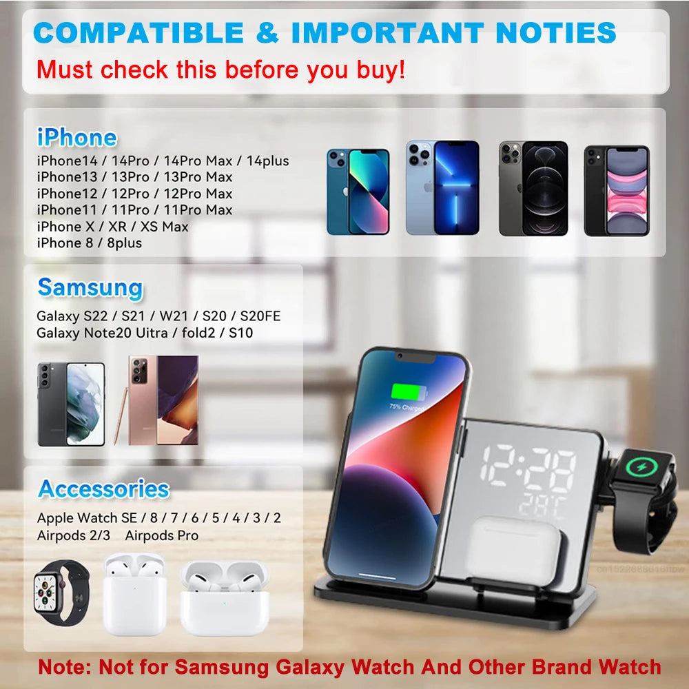 RYNX | Fast Charging Station Premium Wireless Fast Charging Station With Alarm For Apple Iphone, Watch & Airpods