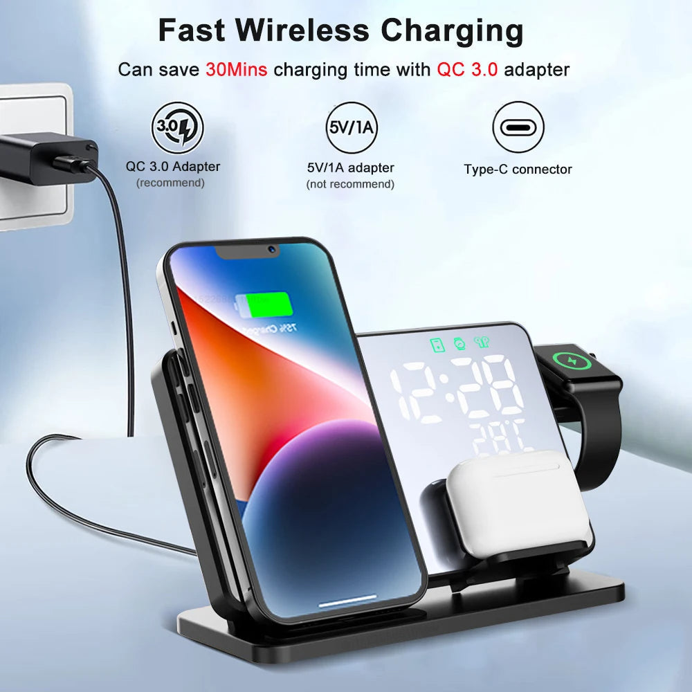 RYNX | 3-In-1 Quick Charging Station | Premium Wireless Fast Charging Docking Station With Alarm Clock | For Apple Iphone, Watch & Airpods