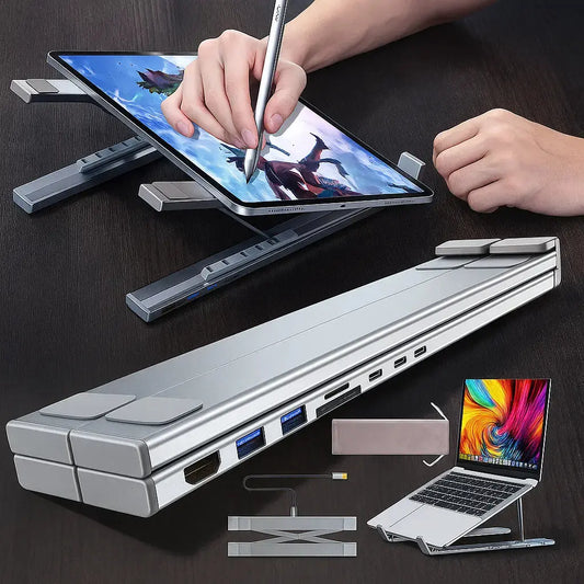 Rynx | Foldable laptop stand with 8-in-1 hub – For tech enthusiasts & fast charging fans