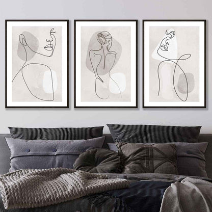 Rynx | Gray & Beige Abstract Minimal Line Art Female Set of 3 Art Prints 61x91cm