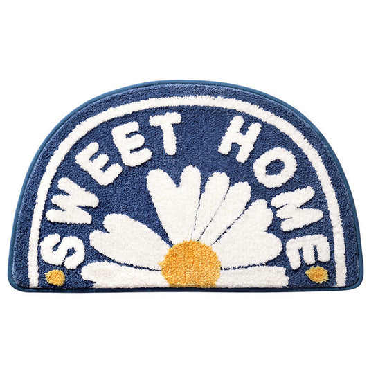 Rynx | Half Circle Daisy Bath Mat, Sweet Home Bathroom Mat, White Yellow Flower Bath Rug, Housewarming Gift, Wedding Gift