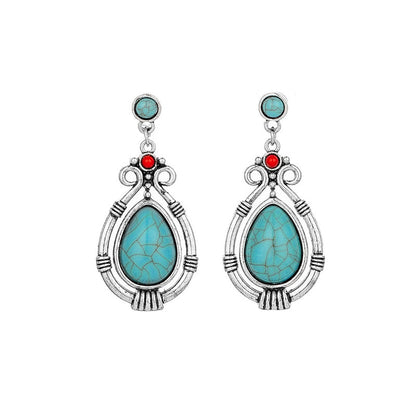 Rynx | Tibetan Silver Art Retro Ethnic Style Turquoise Waterdrop Carved Earrings