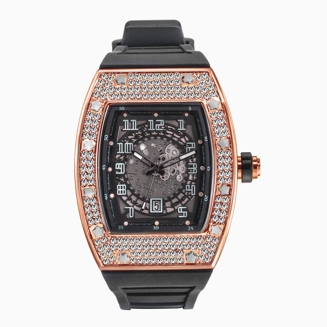 Rynx | Full Diamond Tonneau Silicone Strap Quartz Men's Watch