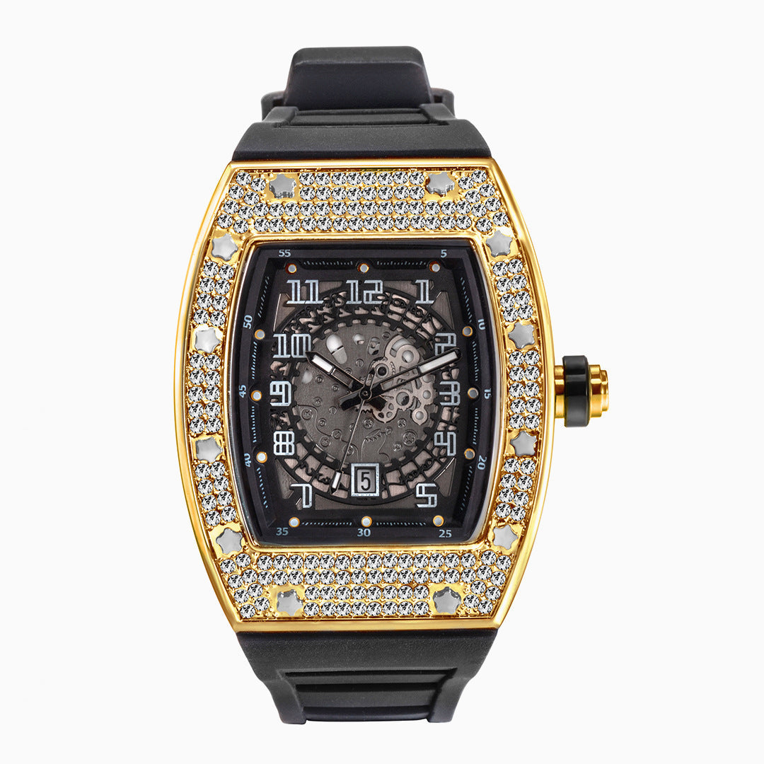 Rynx | Full Diamond Tonneau Silicone Strap Quartz Men's Watch